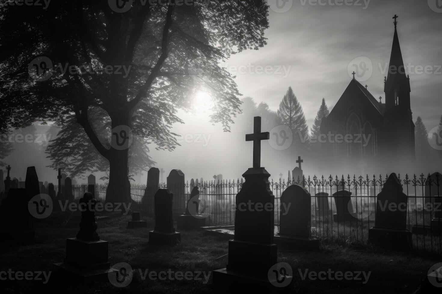 An early mist covering an grave yard with gravestones. The headstones in the foreground. Generative AI photo