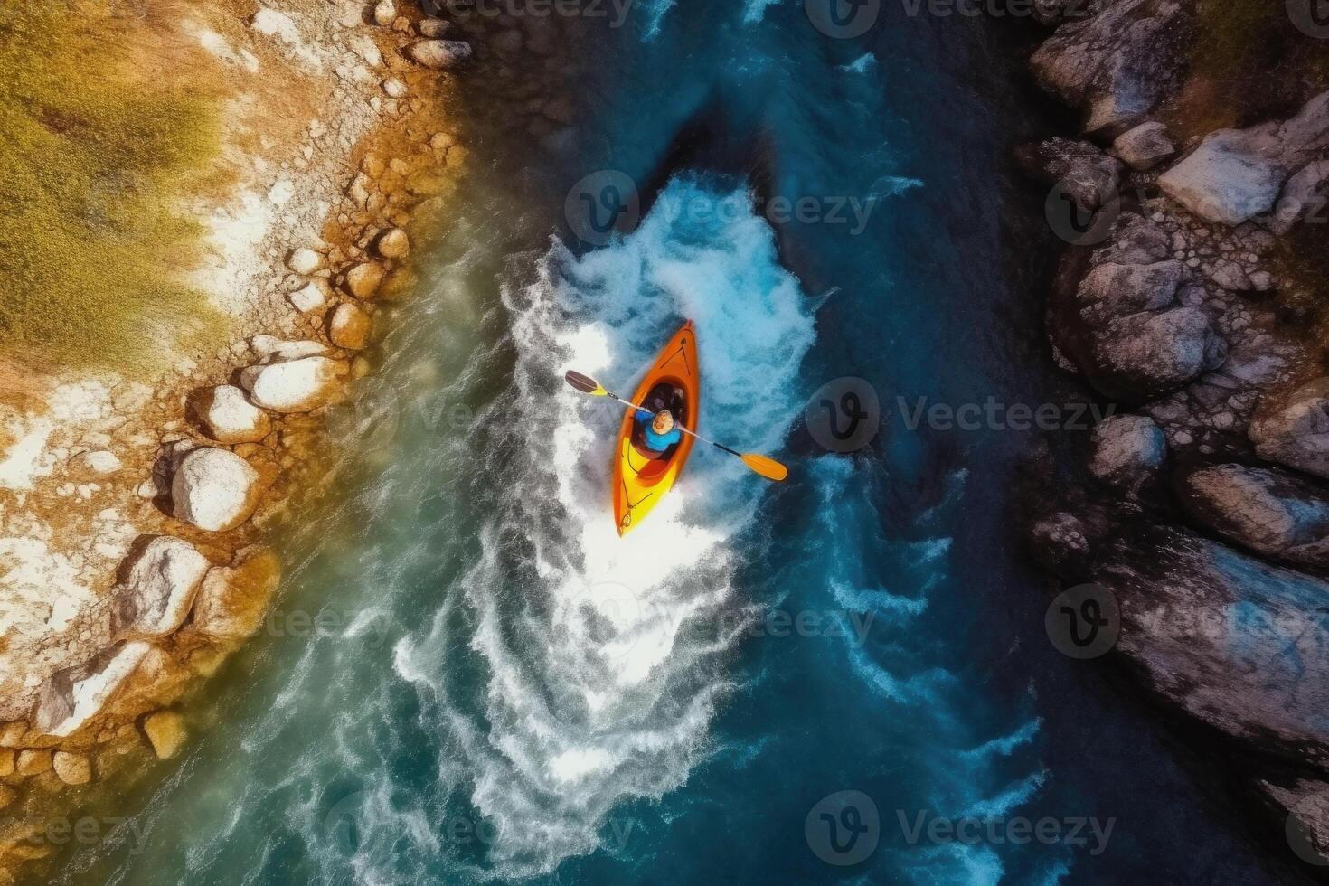 Aerial top view of extreme sport. Kayak sails mountain river. Rafting, kayaking. photo