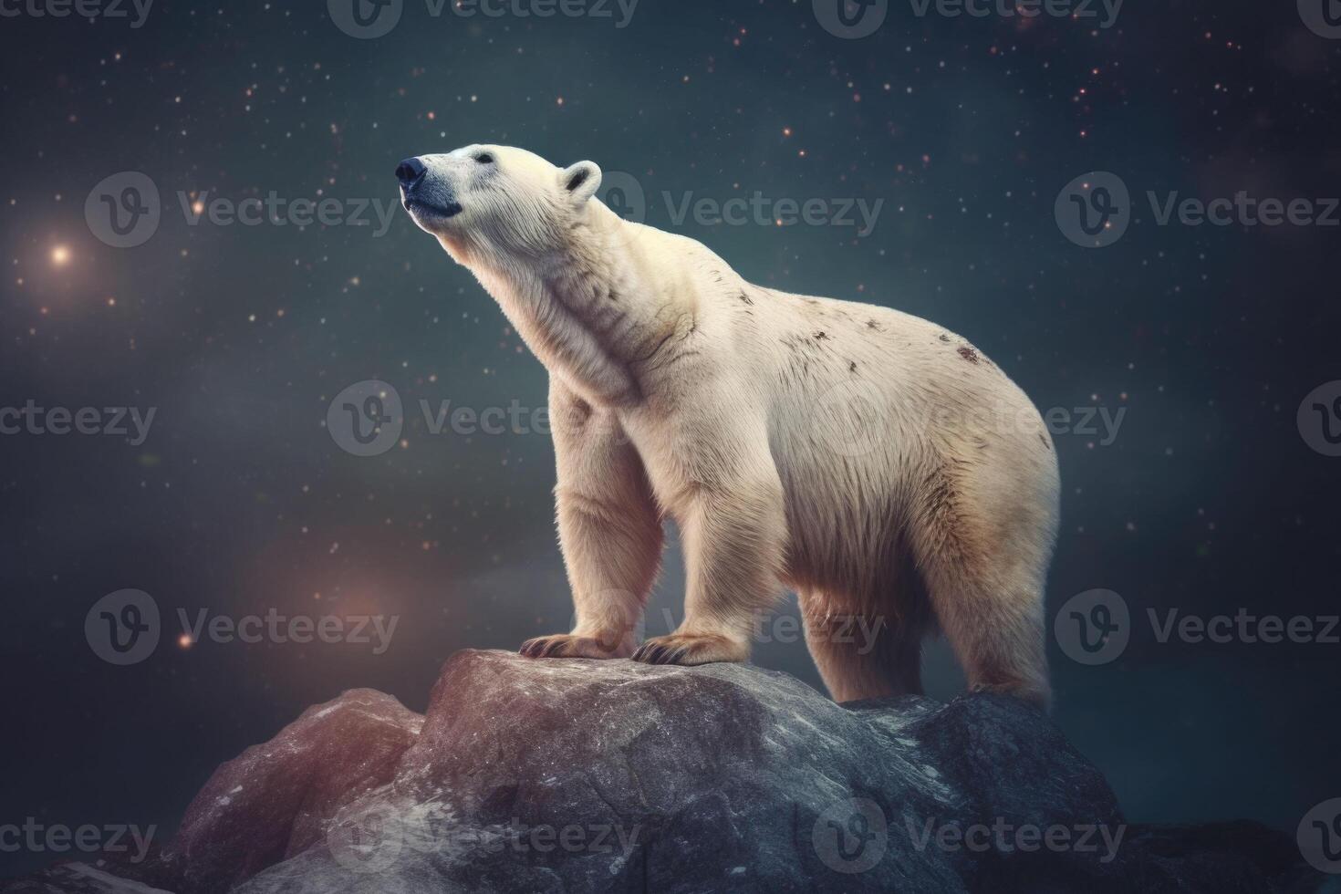 A white bear stands on a snowy mountain top. Animal portrait. Generative AI photo