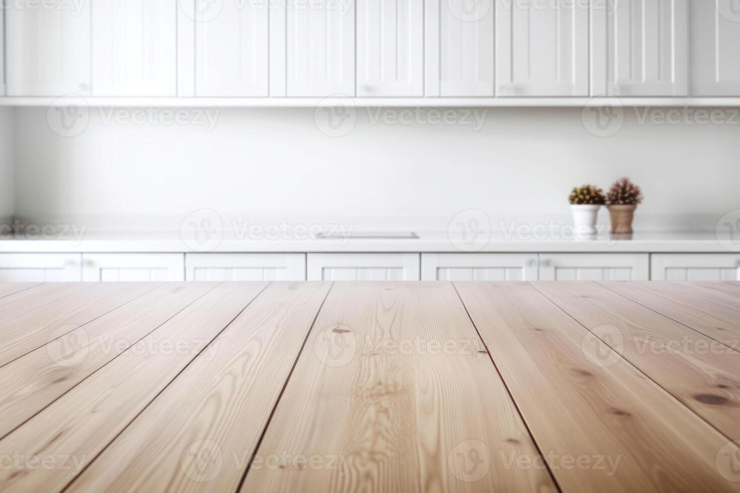 Empty wooden table and blurred white kitchen wall background. photo