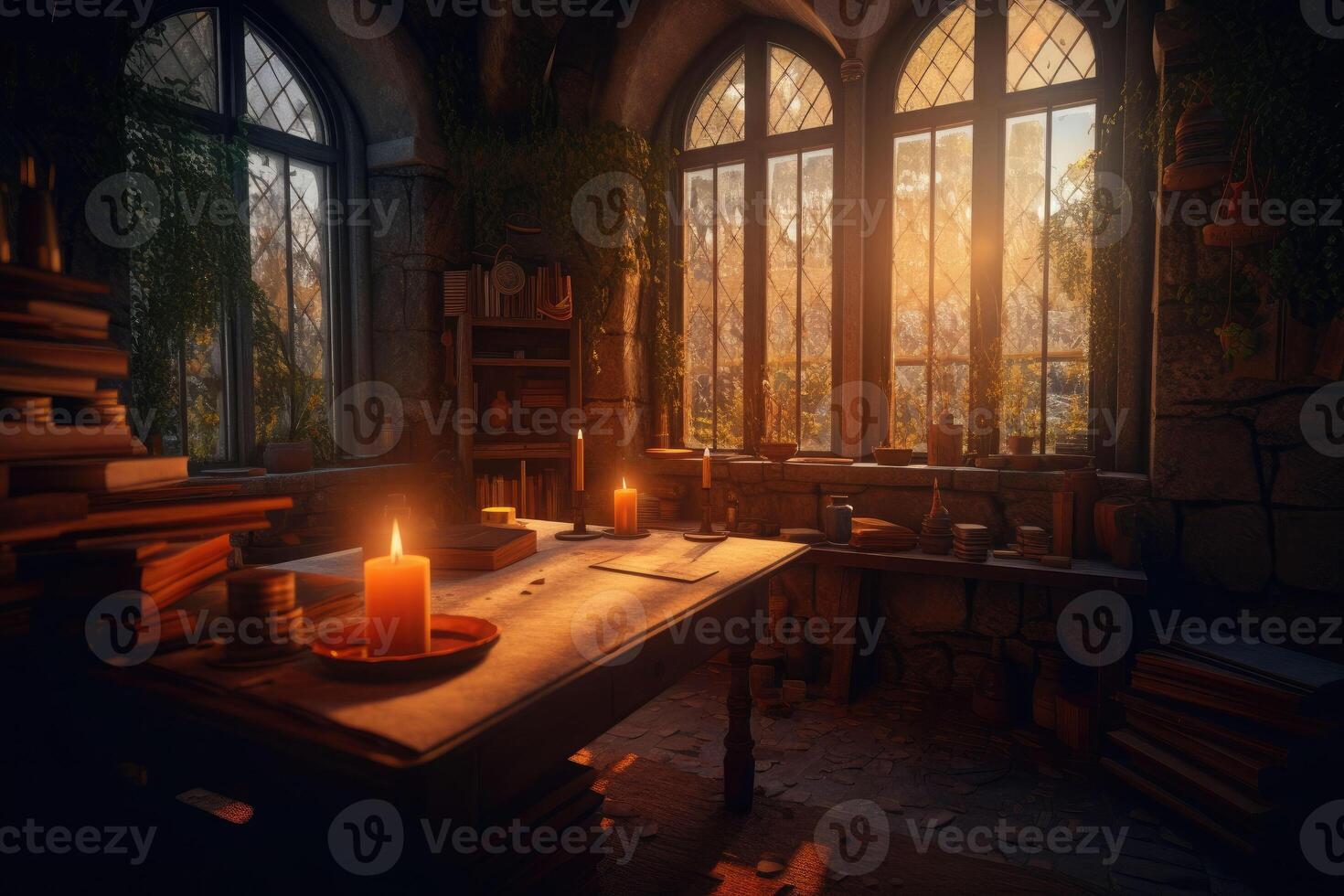 The interior of an old ancient room with books, candles and mysterious objects. photo