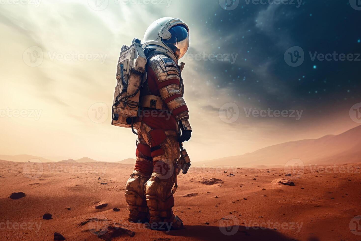 The astronaut in space suit walking on planet. Exploration of the planet's surface. photo