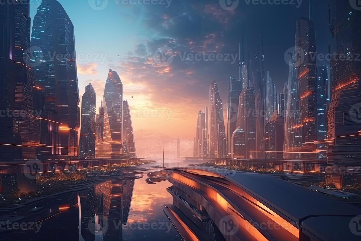 The futuristic city of the future on the alien planet with skyscrapers. photo