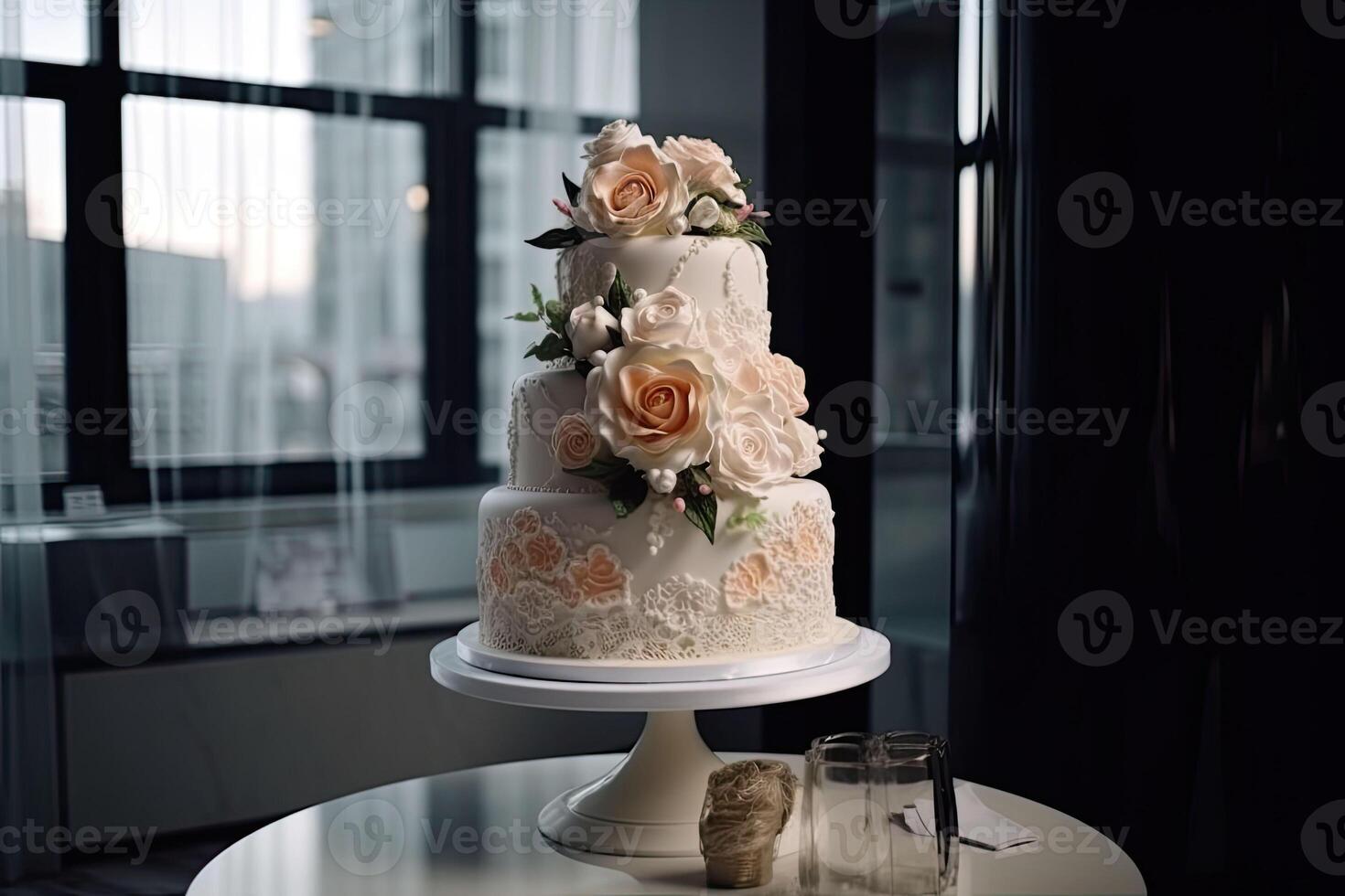 The ornate wedding cake with flowers and berries in modern interior. Generative AI photo