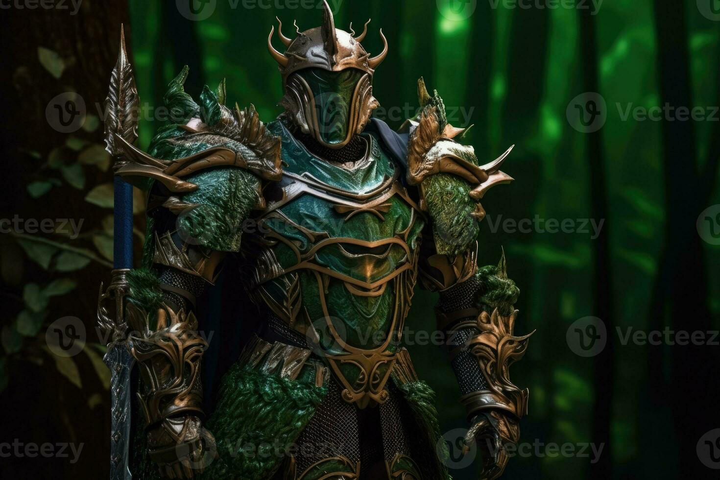 Fantasy knight with old armor in the ancient forest. Generative AI photo