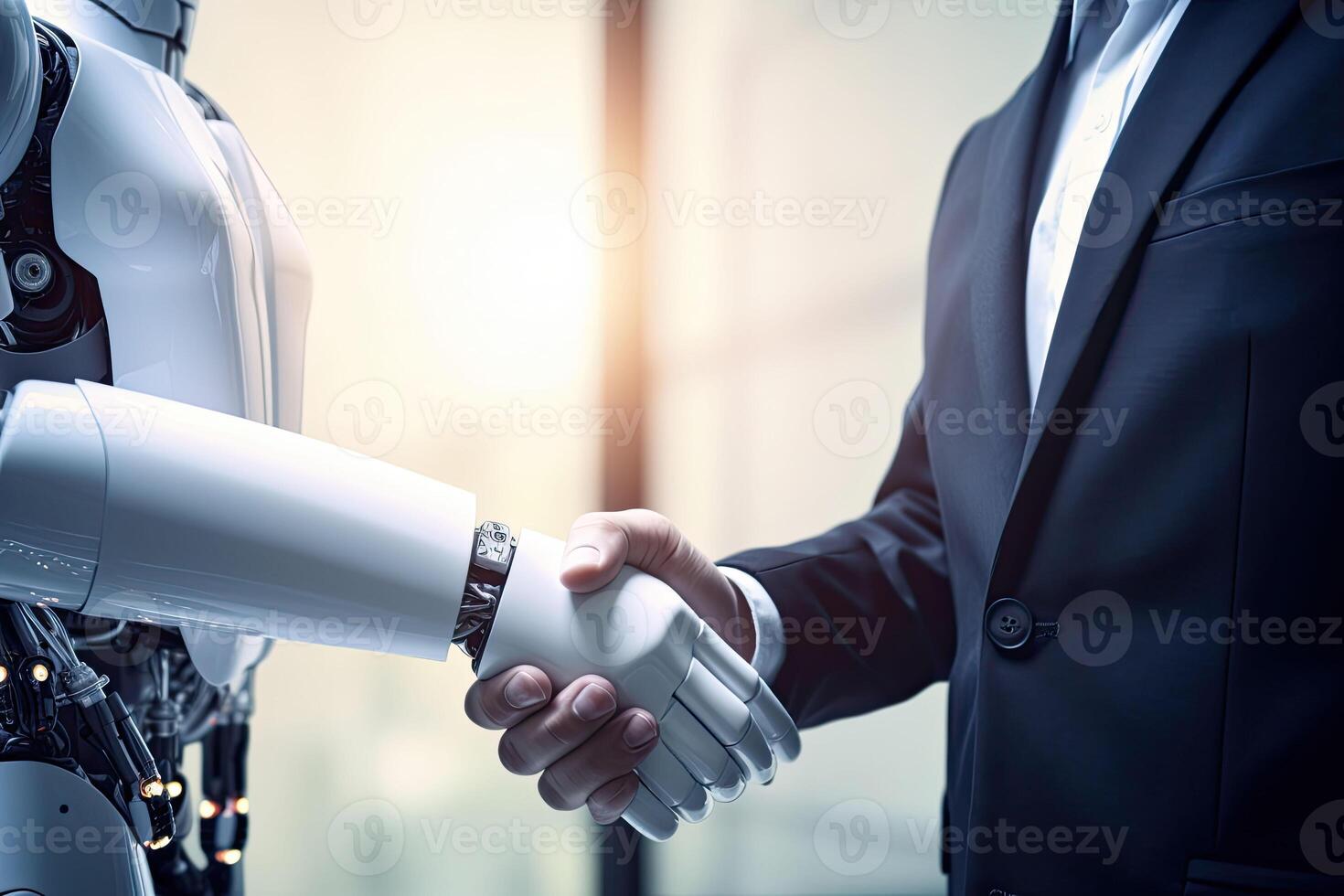 Man and robot shake hands. Technology meets humanity. photo