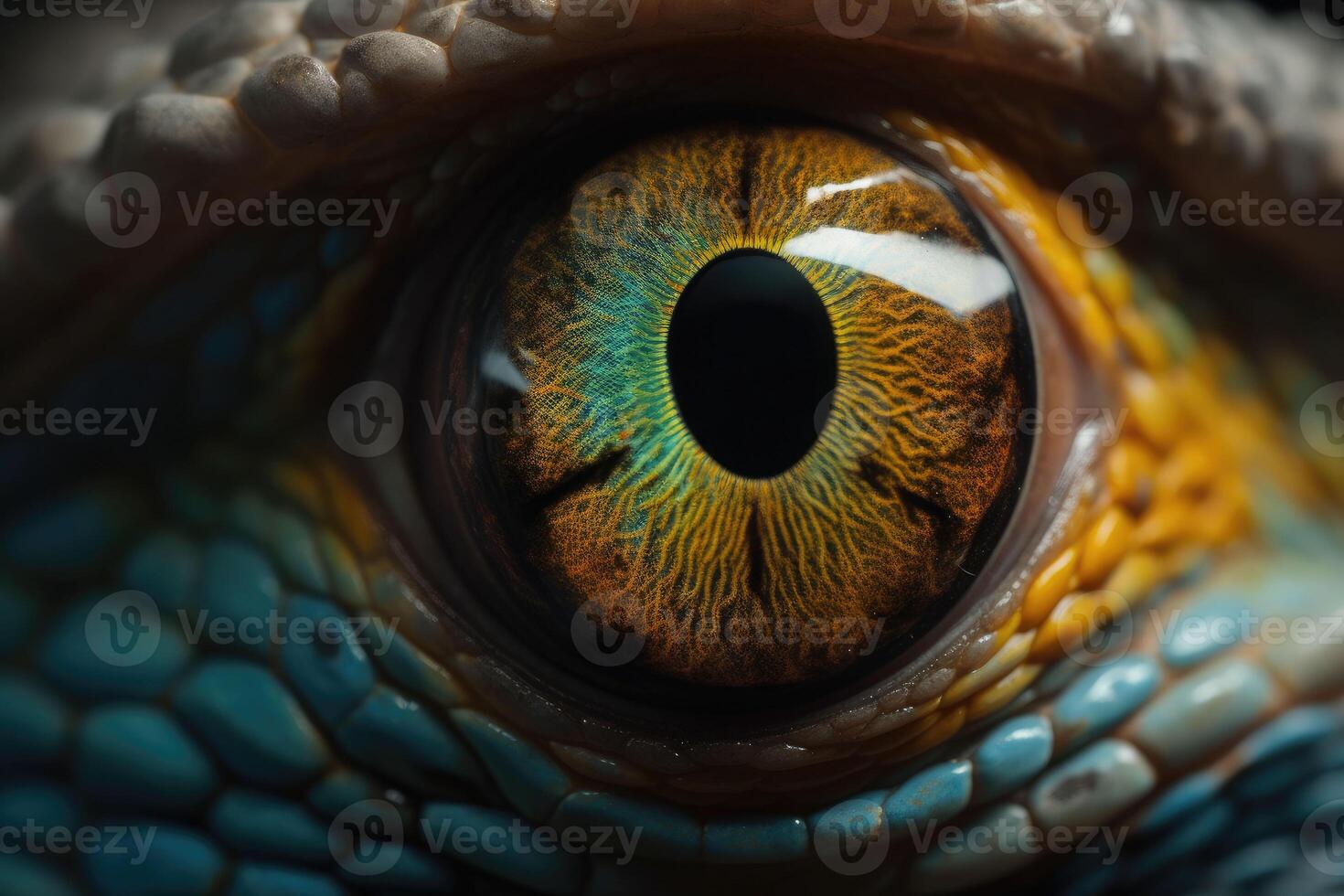 Close up of colourful lizard eye. A macro of a reptile multi colored eye. photo