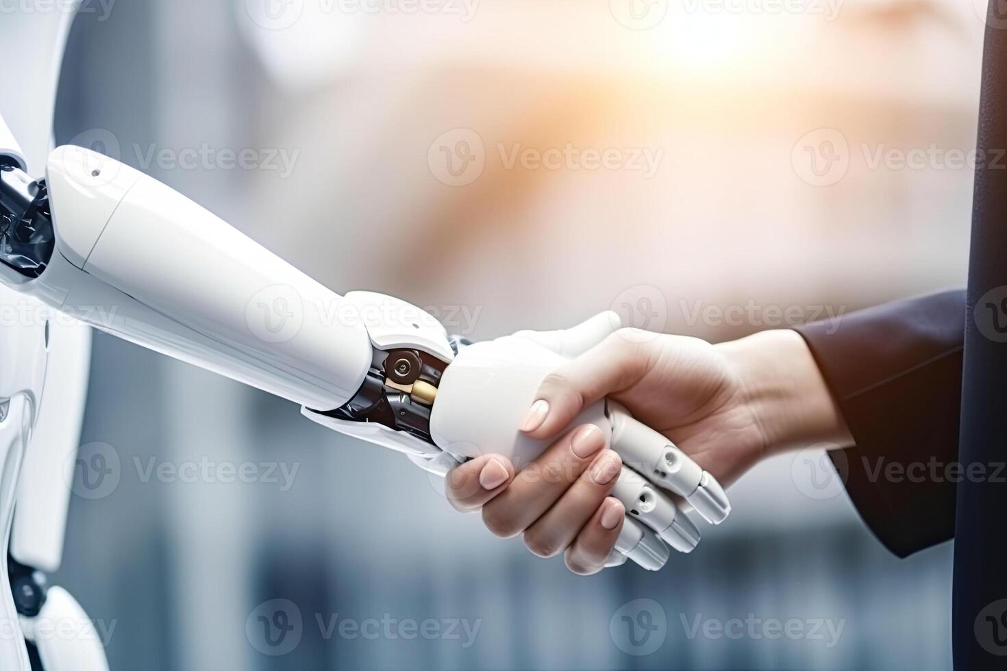 Woman and robot shake hands. Technology meets humanity. photo
