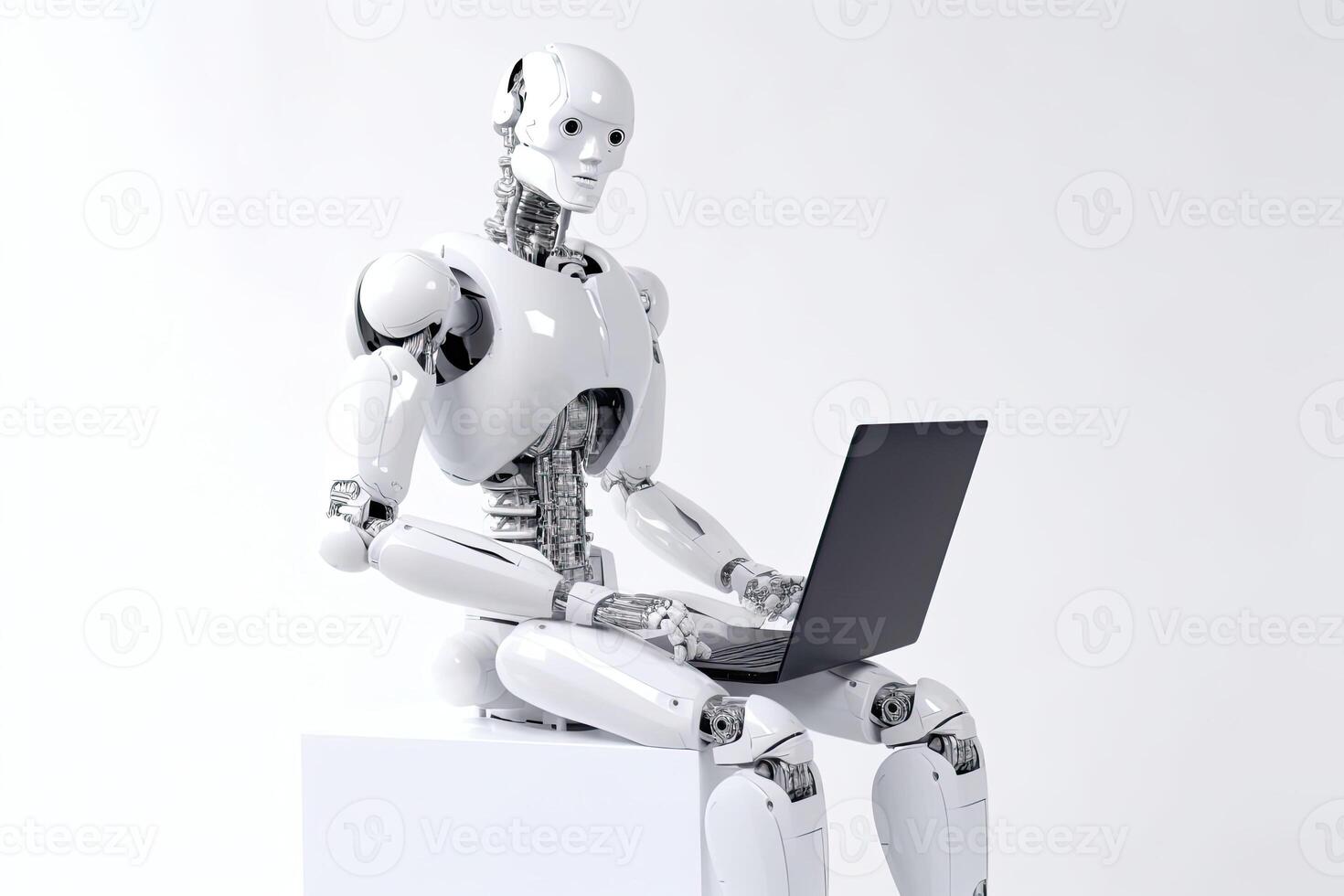 The robot works with a laptop in the office. illustration photo