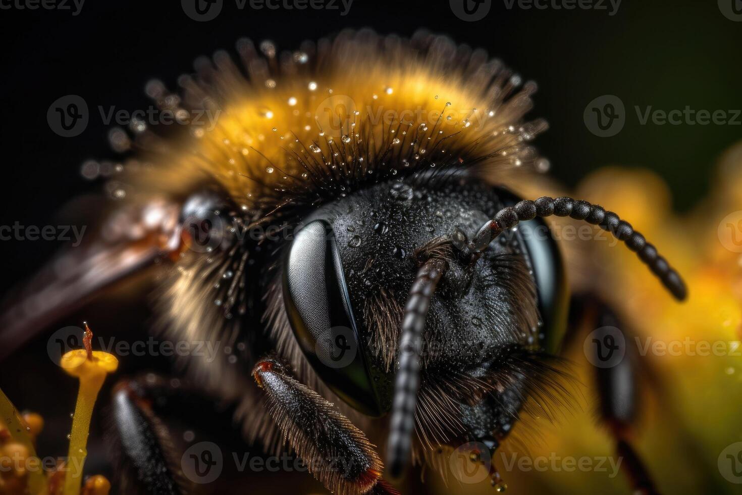 The bee with the pollen on its head and legs. A striking macro shot. Generative AI photo