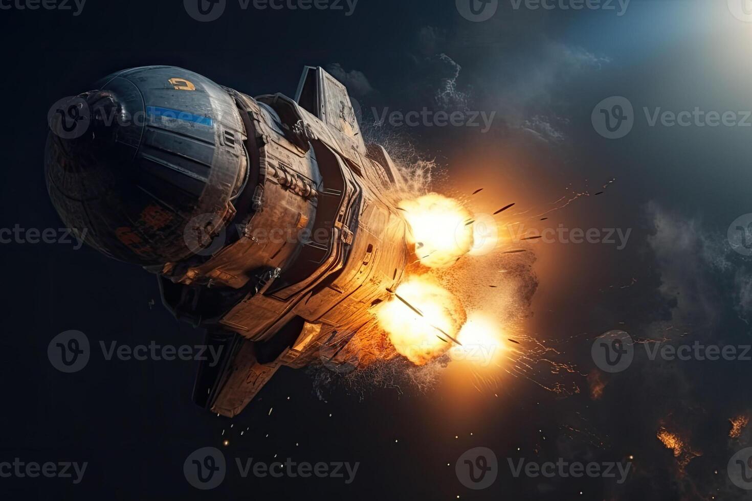 The spaceship explodes after launch. Failed rocket lift off and space mission failure. photo