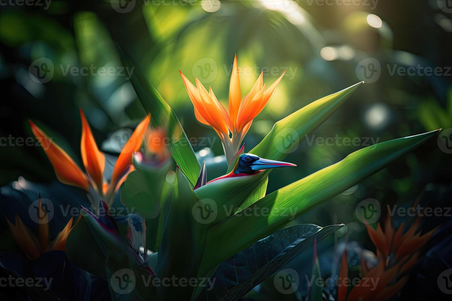 Colored tropical bird and beautiful surreal flowers. Generative AI photo