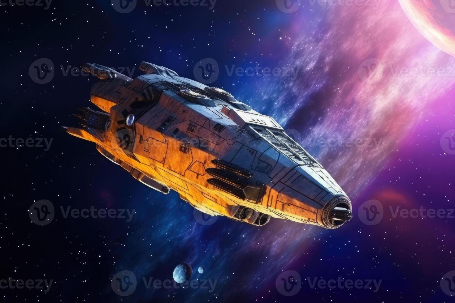 A spaceship fly around the moon. A nebula on the background in bright neon colors. photo