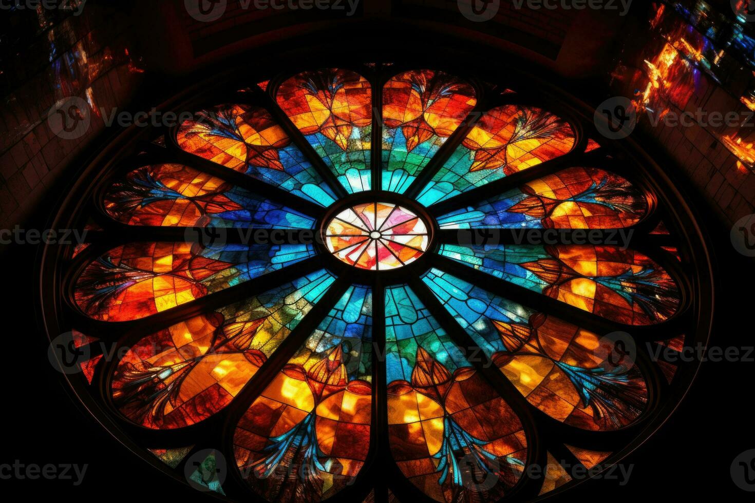 Colorful stained glass window of a church with rays emanating from it. Generative AI photo