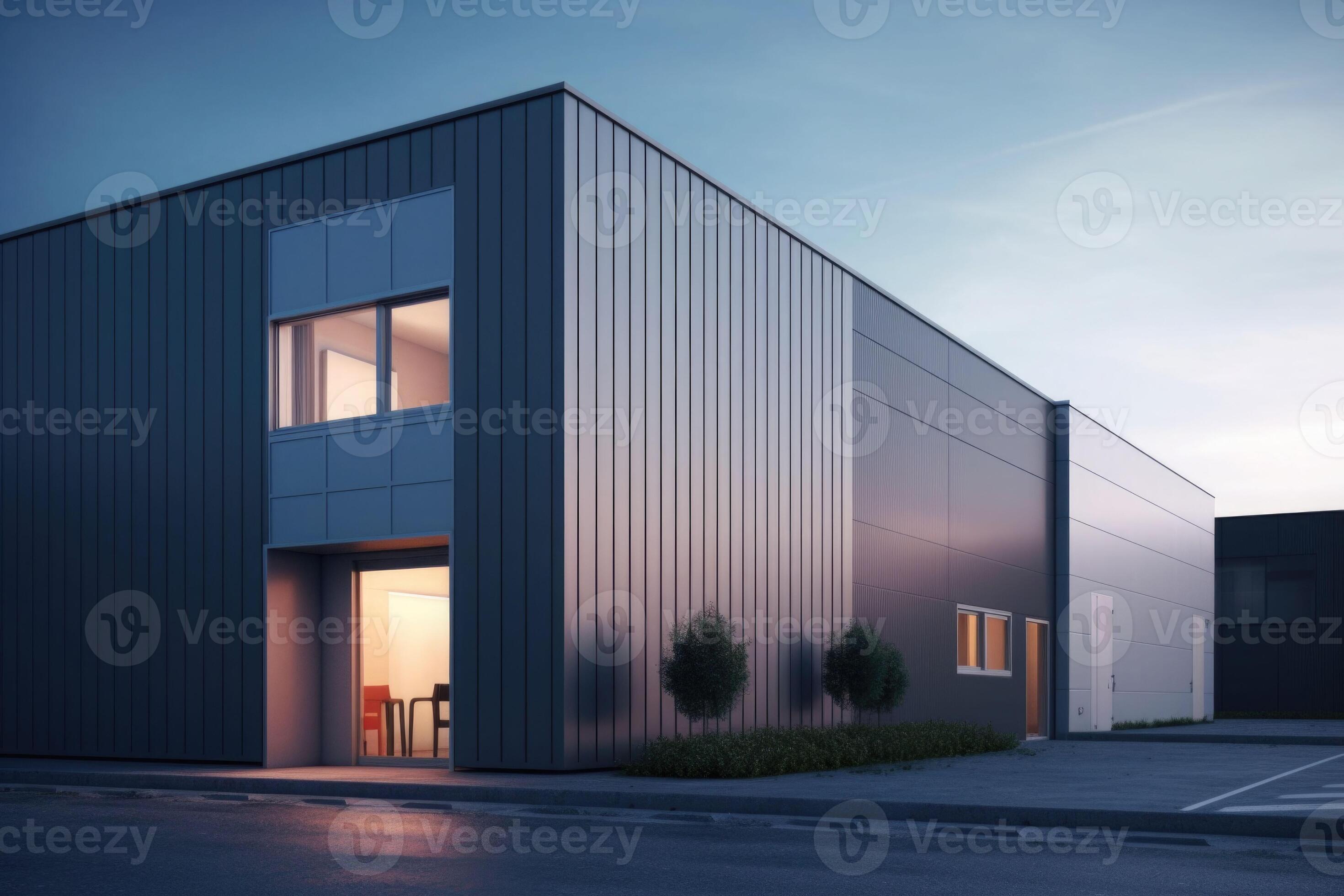 Exterior of a warehouse with an office unit. Large industrial or