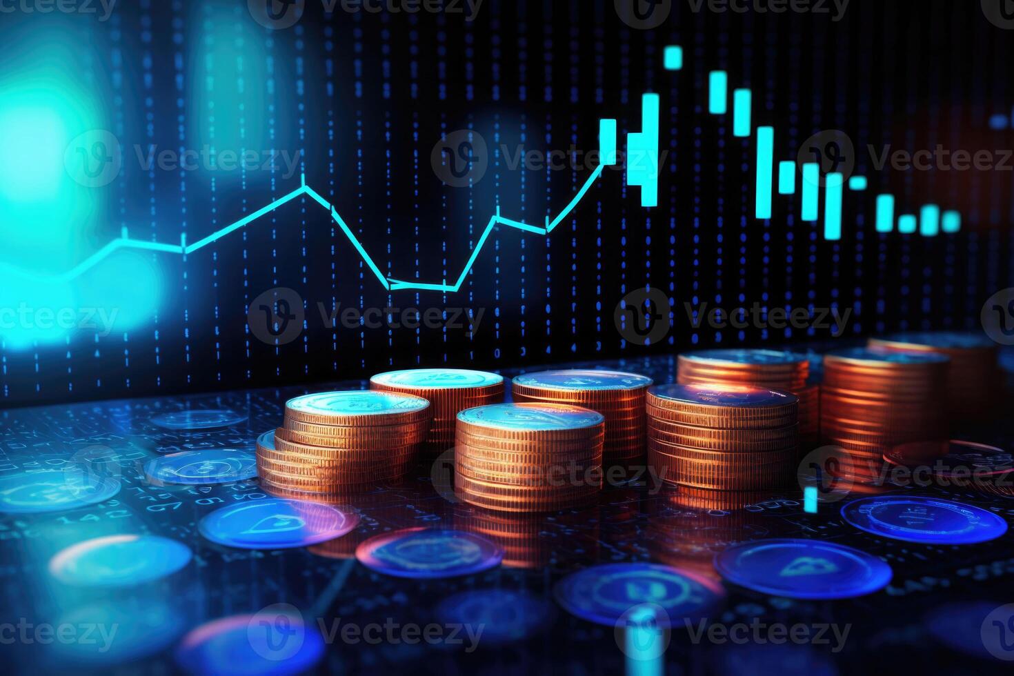 Coins background with a finance graph. Showcasing growth and success in the market. photo