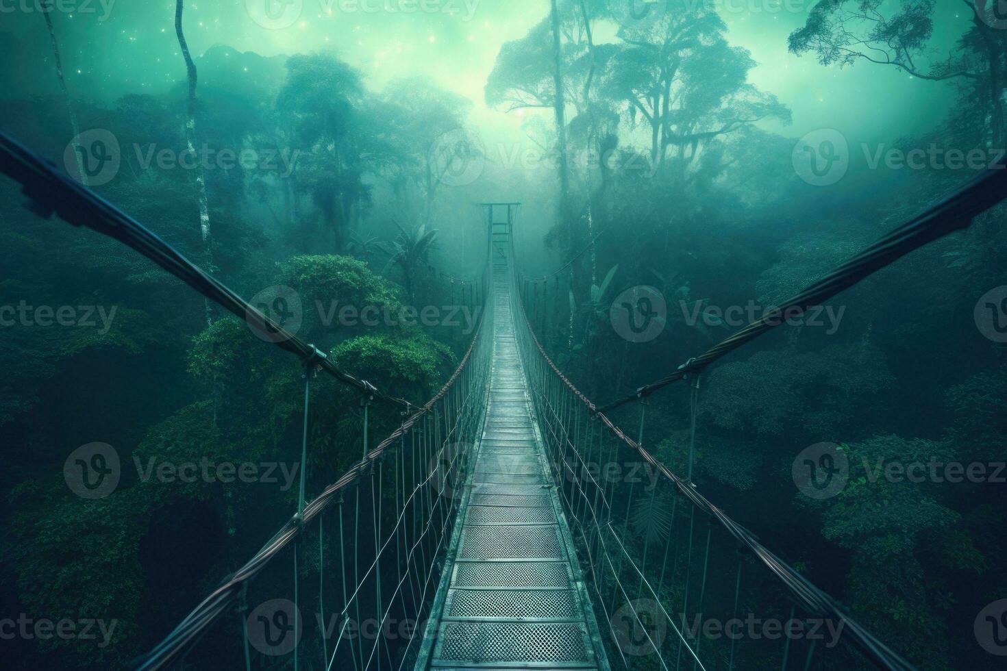 un suspensión puente en el brumoso selva. generativo ai foto