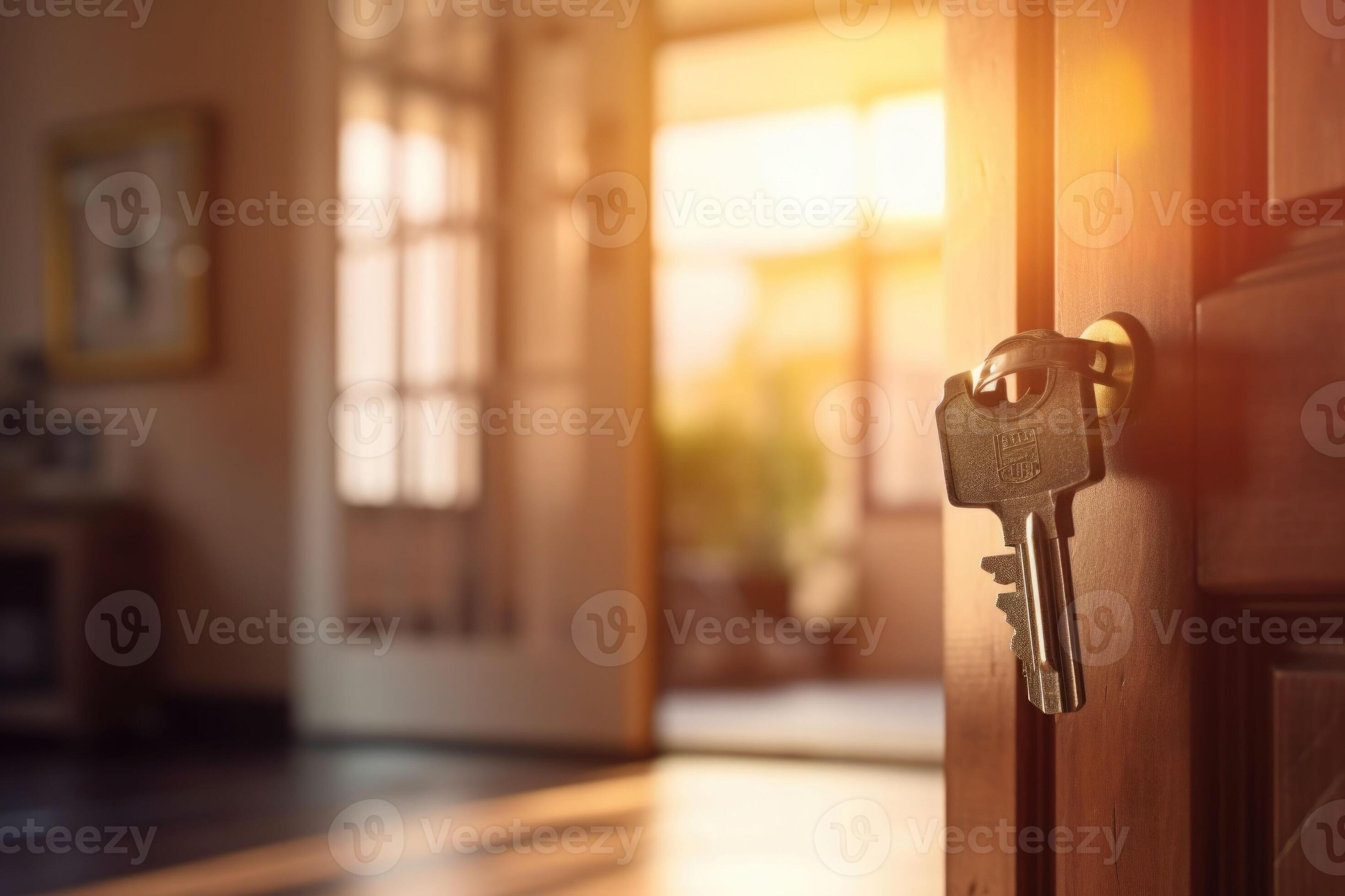 Open door with key in padlock and new apartment on blurred background