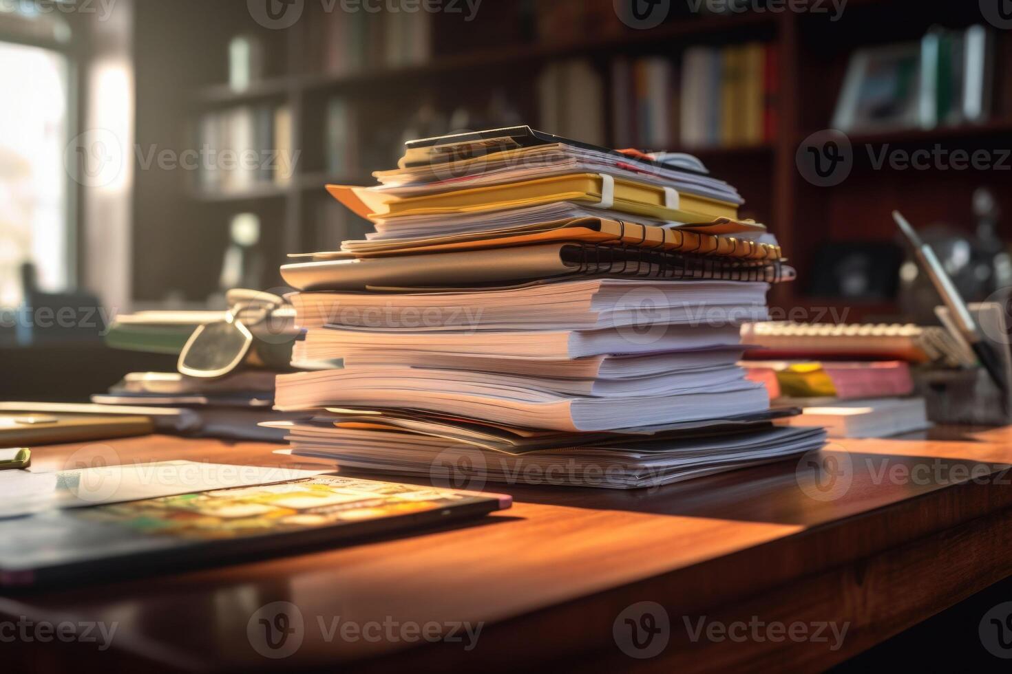 Office Desk With An Organized Stack Of Papers Unfinished Documents On office-desk-with-an-organized-stack-of-papers-unfinished-documents-on