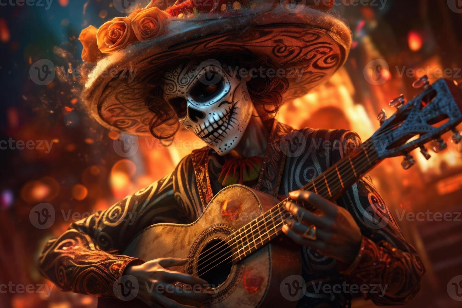 A skeleton mariachi playing the guitar. The Day of the Dead style. Generative AI photo