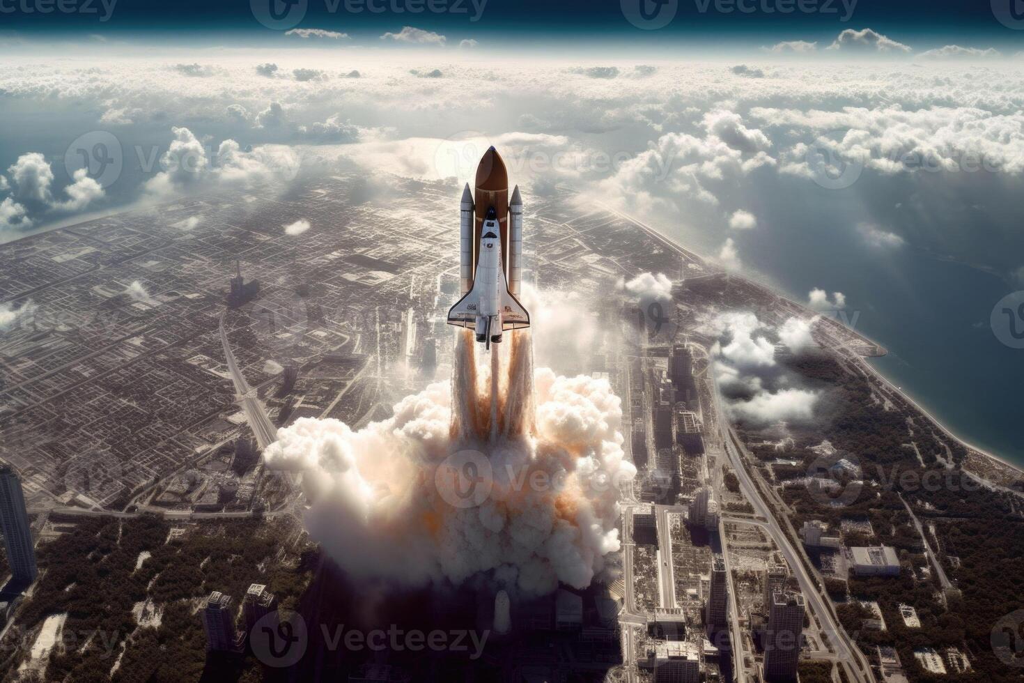 Space shuttle launch taken from space. Aerial earth photography from outer space. Generative AI photo