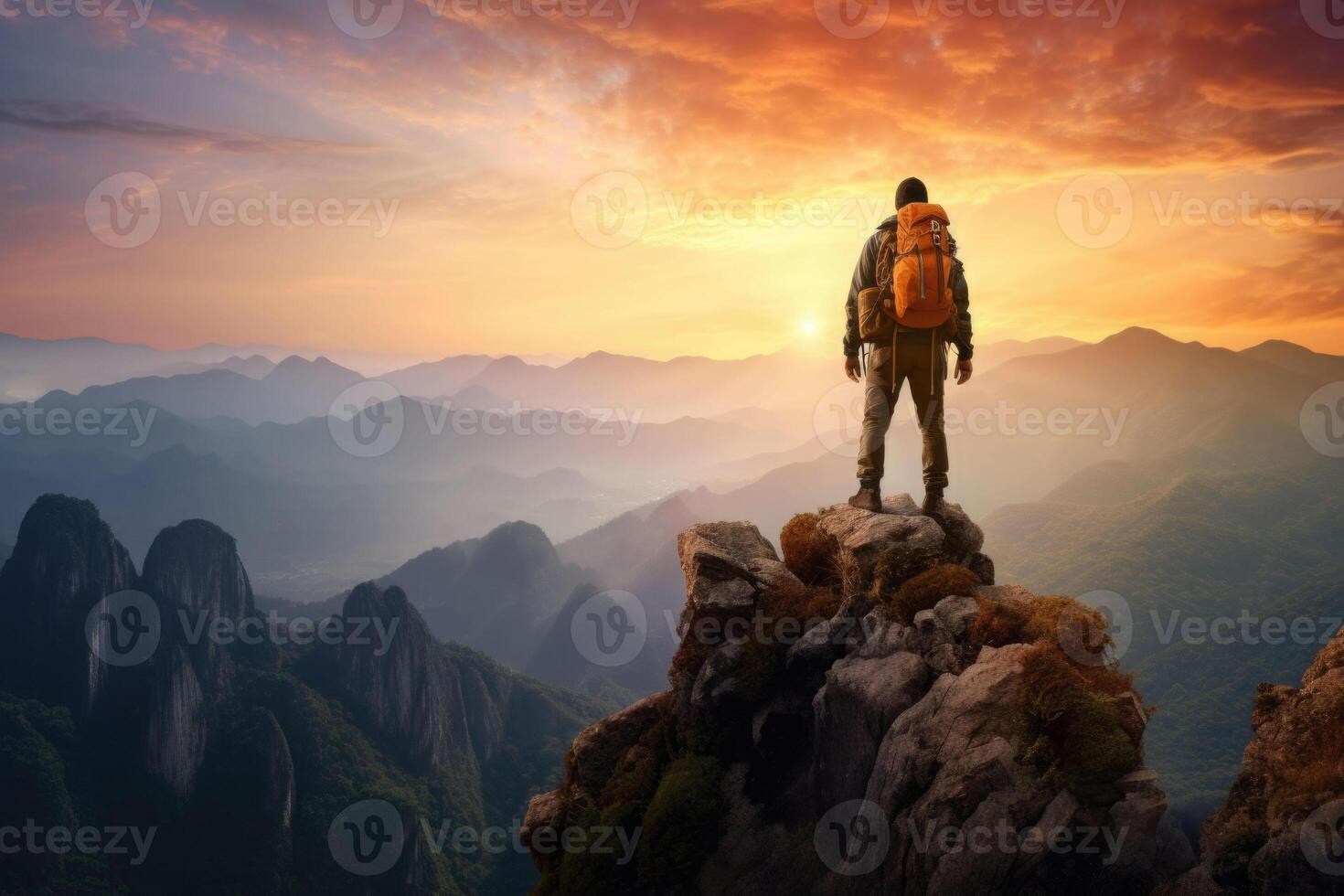 Tourist with backpack on the peak looks on the sunset. Sport and active life concept. photo