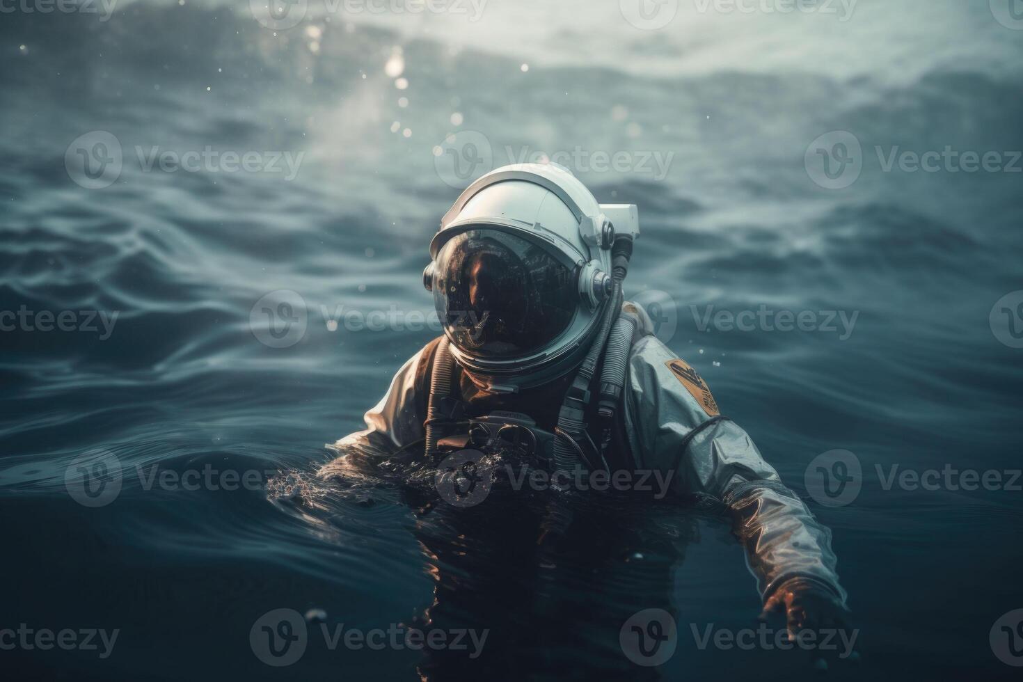An astronaut is floating in the ocean. Spaceman in the underwater. photo