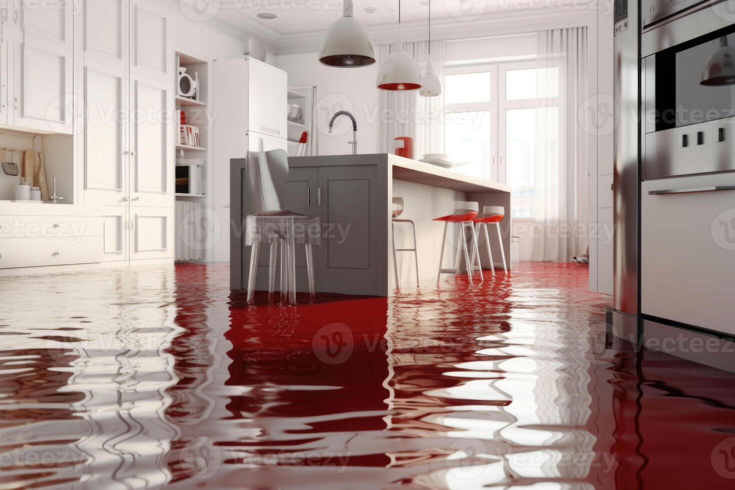 Flooded floor in kitchen from water leak. Damage. Property insurance. Generative AI photo