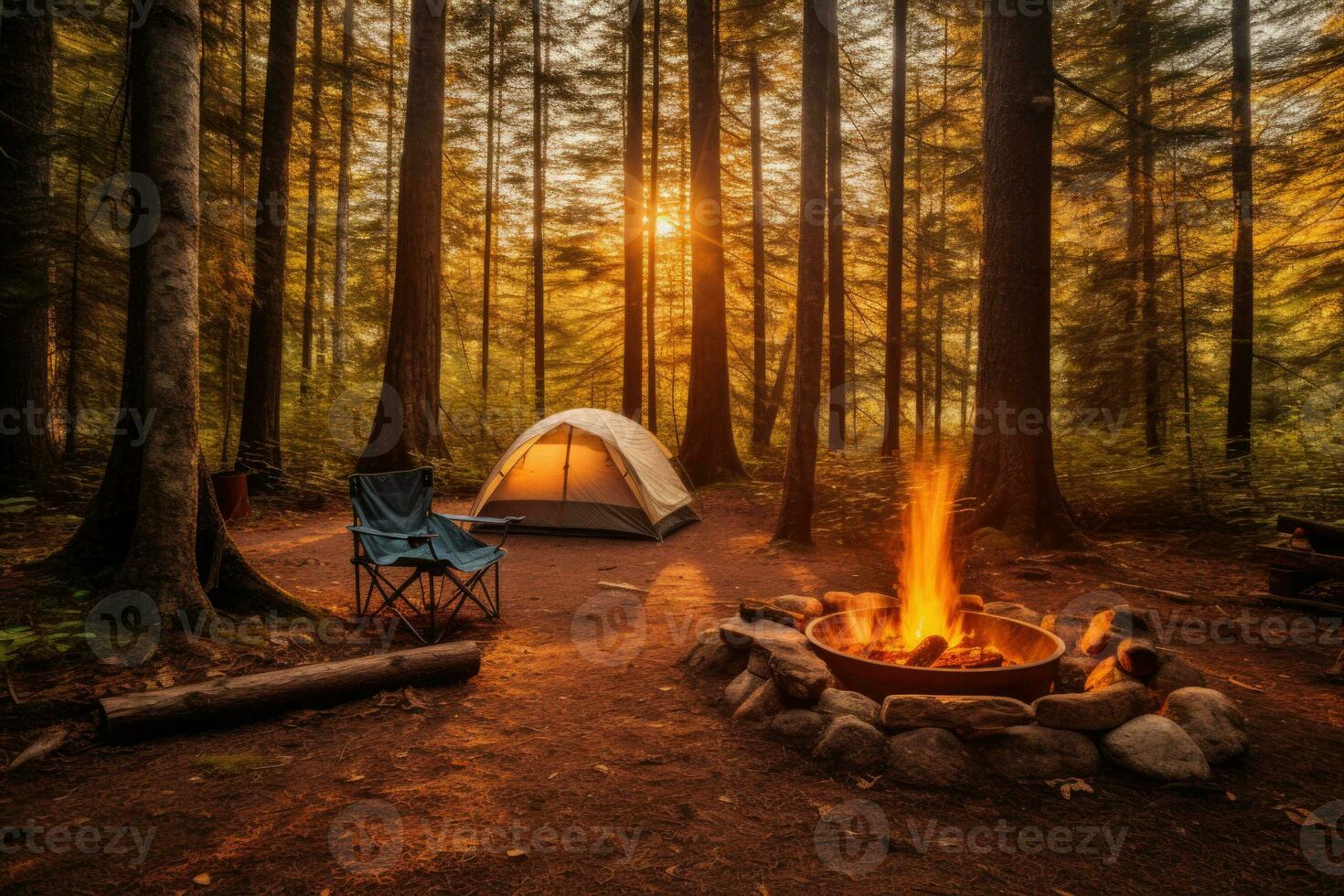 A campsite in the heart of a forest, surrounded by trees. The campfire in the background. Generative AI photo