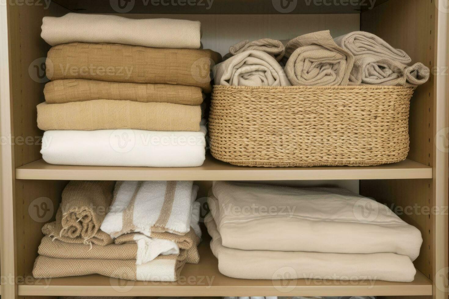 cama ropa de cama armario arreglo en estantes. minimalista cómodo almacenamiento. generativo ai foto