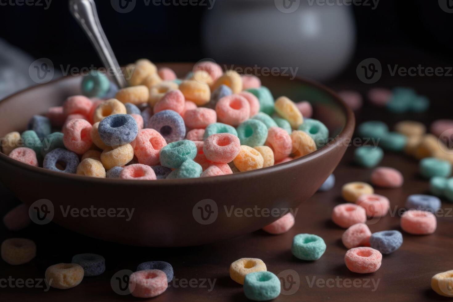 Pastel colored froot loops with small spoon. Delicious fruit cereal rings. Generative AI photo