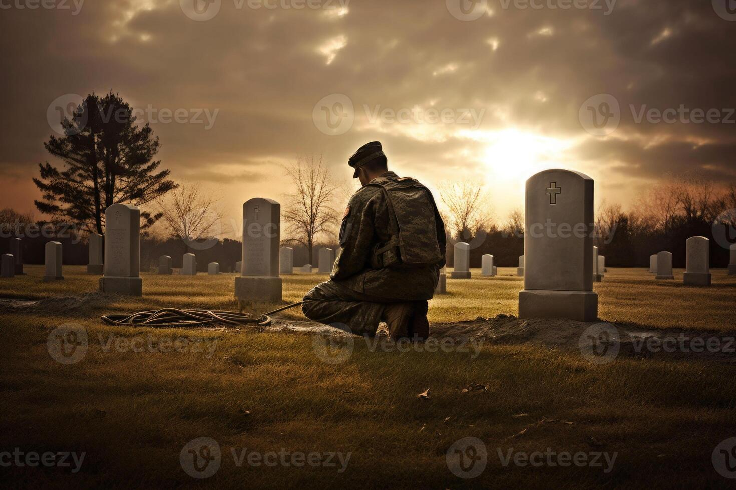 Military man kneeling of grave fallen soldier on sunset background. Generative AI photo