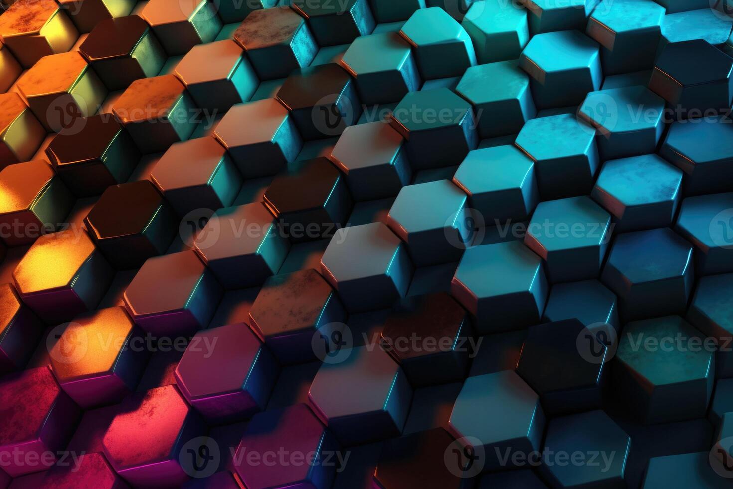 Dark hexagon abstract technology background with colored bright flashes. photo