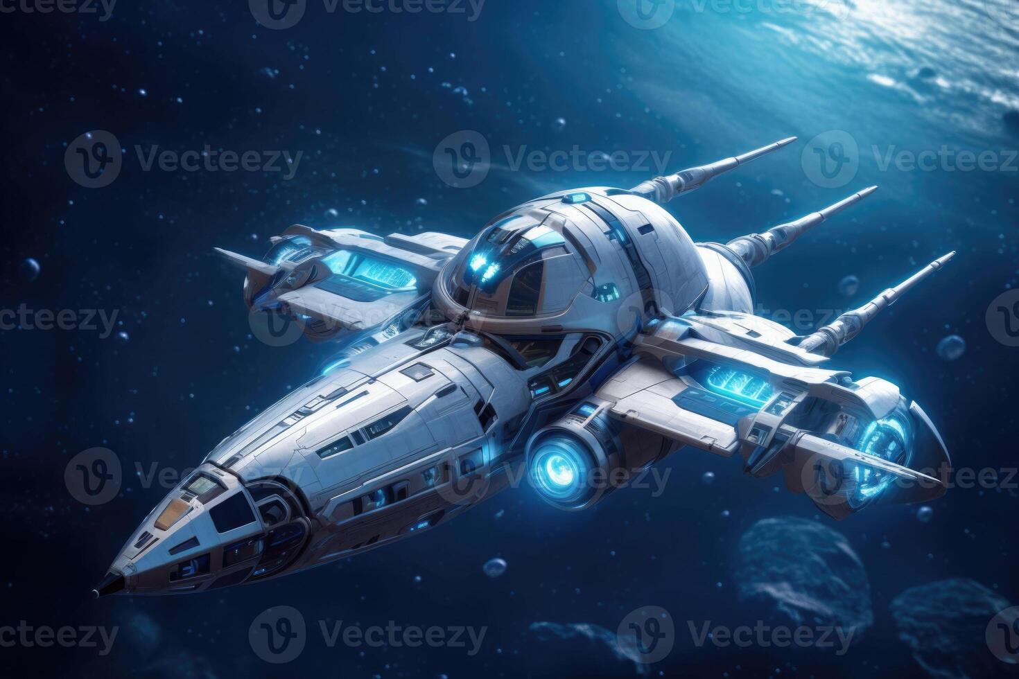 A futuristic intergalactic spaceship on the background of a blue planet. photo