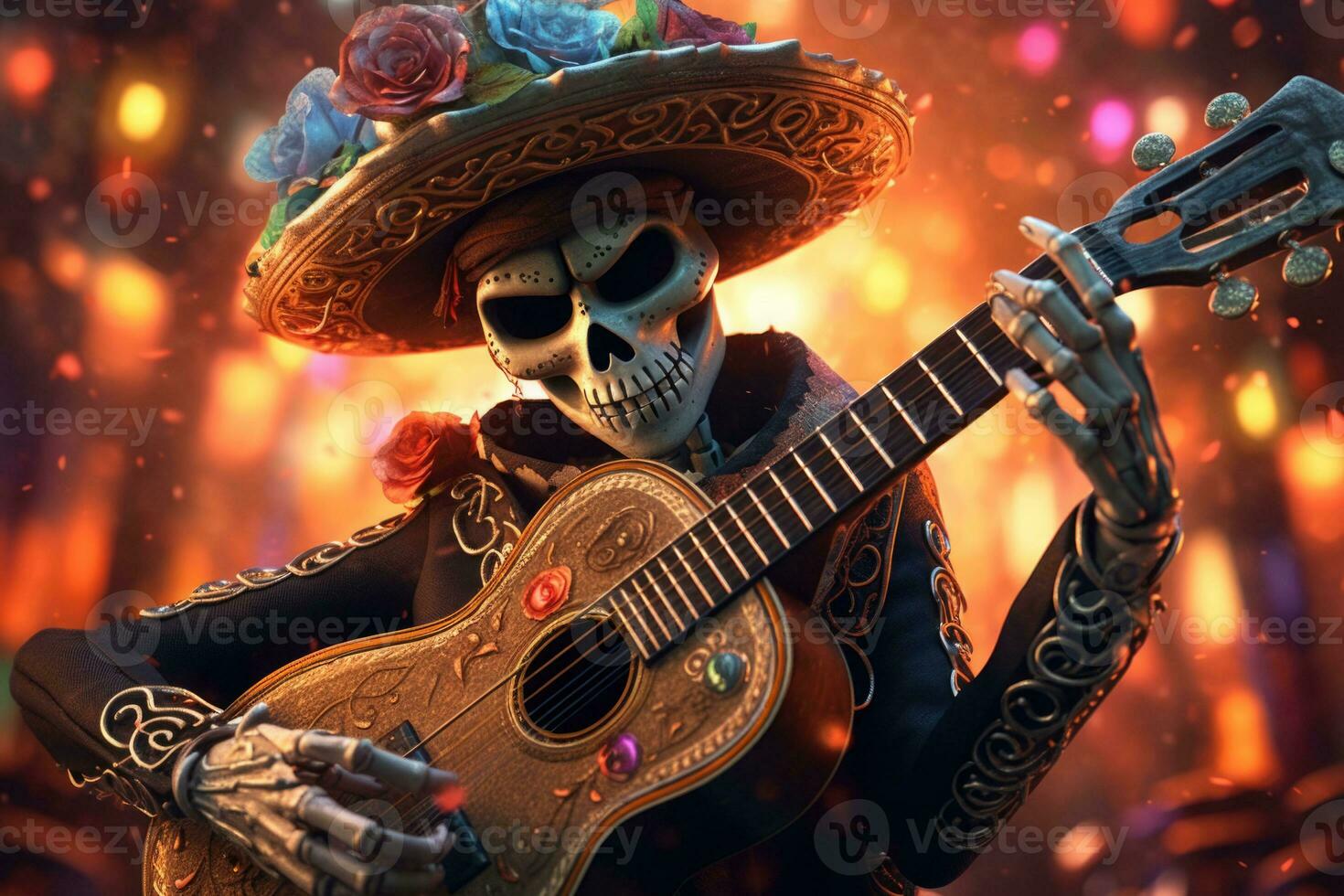 A skeleton mariachi playing the guitar. The Day of the Dead style. Generative AI photo