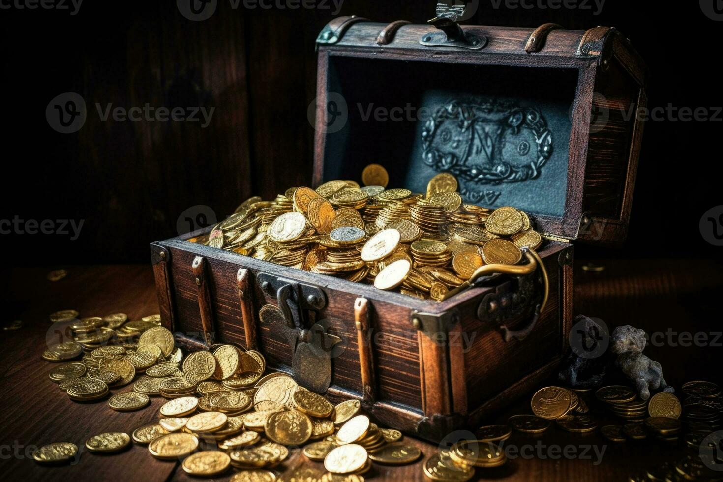 Old open pirate treasure chest full of golden coins. Generative AI photo