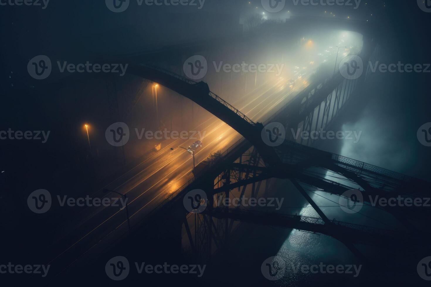 The foggy bridge with a street light on the side. The night bridge covered in the fog. Generative AI photo