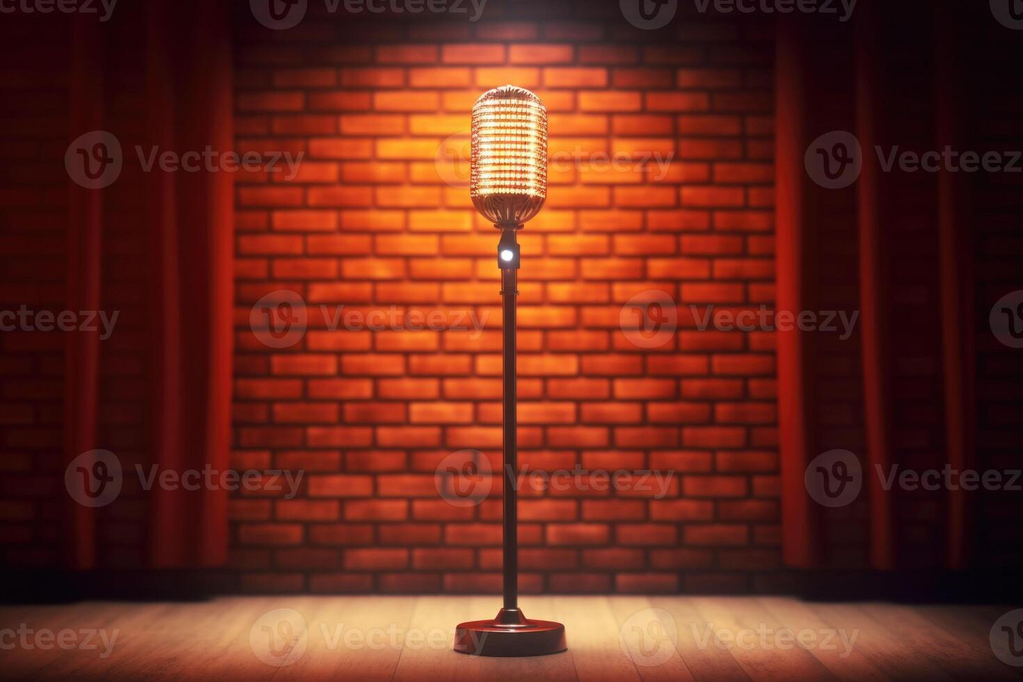 Microphone stand under a single spotlight. Stand up comedy. Stage of a club. photo