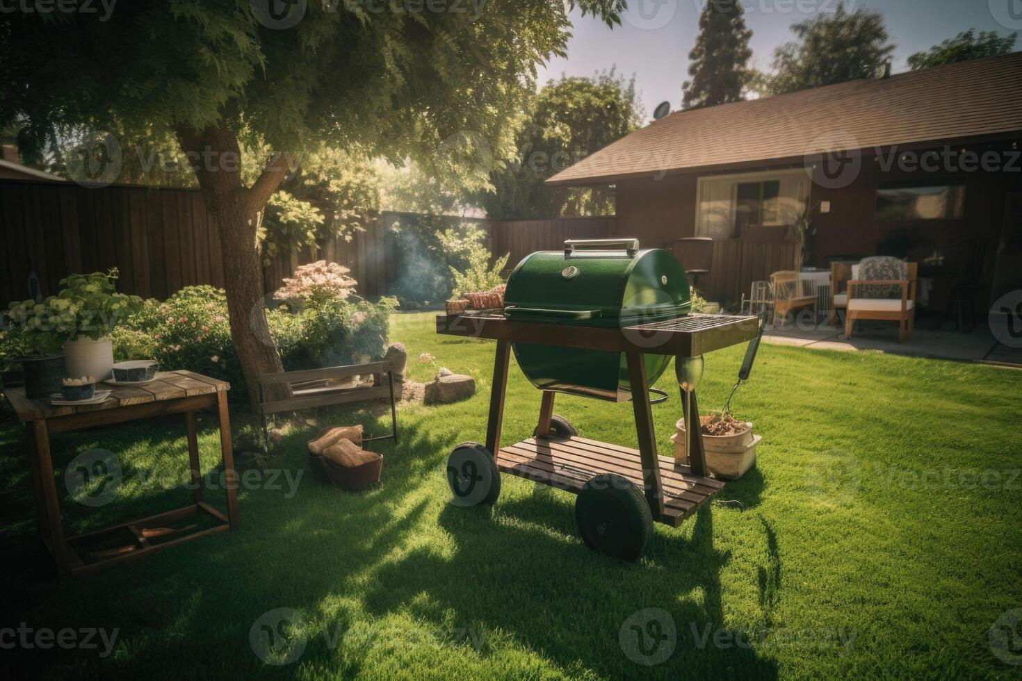 Outdoor dining table and barbeque grill in the back yard of a house. photo