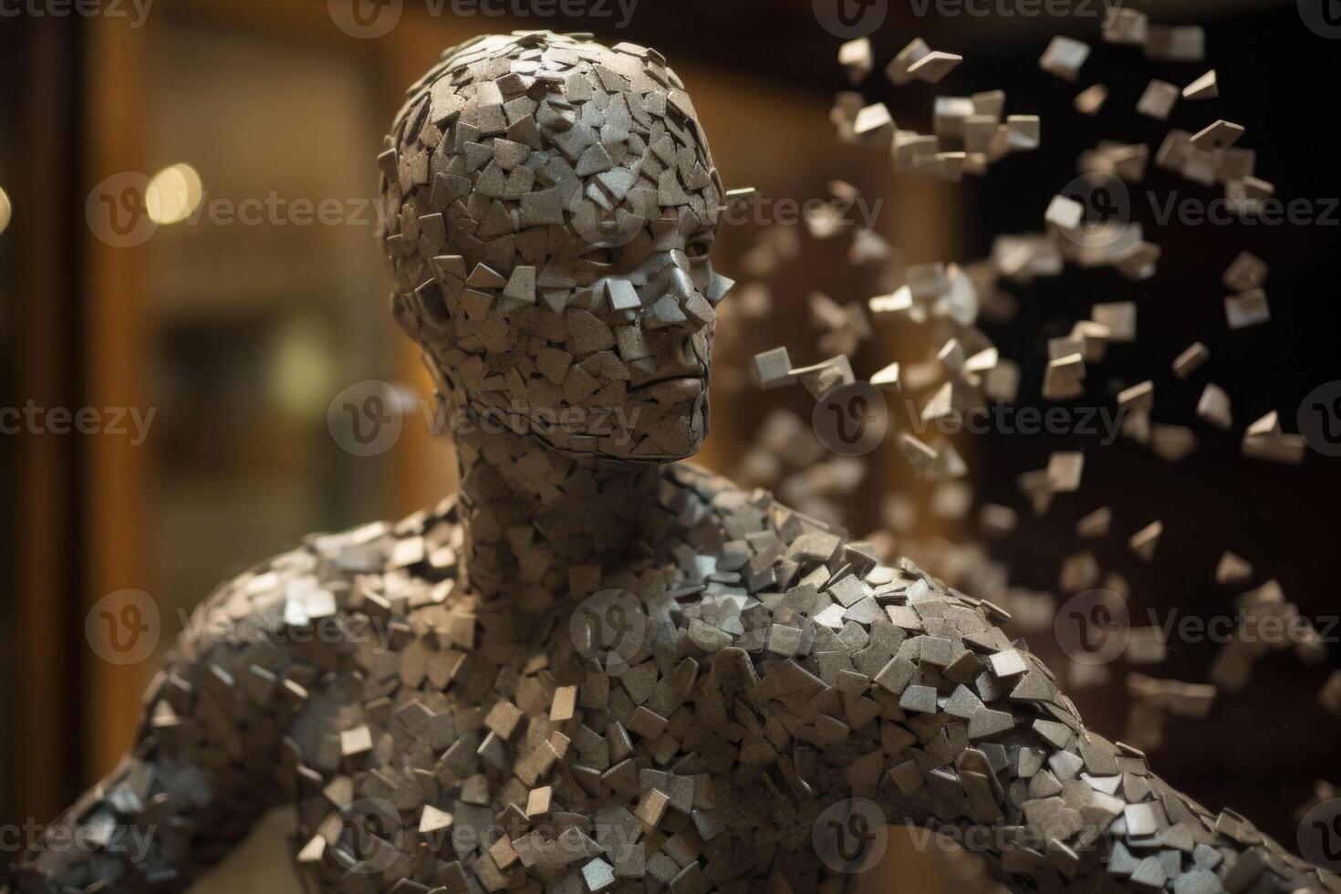 The man made of disintegrating tessellated cubes. Concept of disintegration of mind. photo