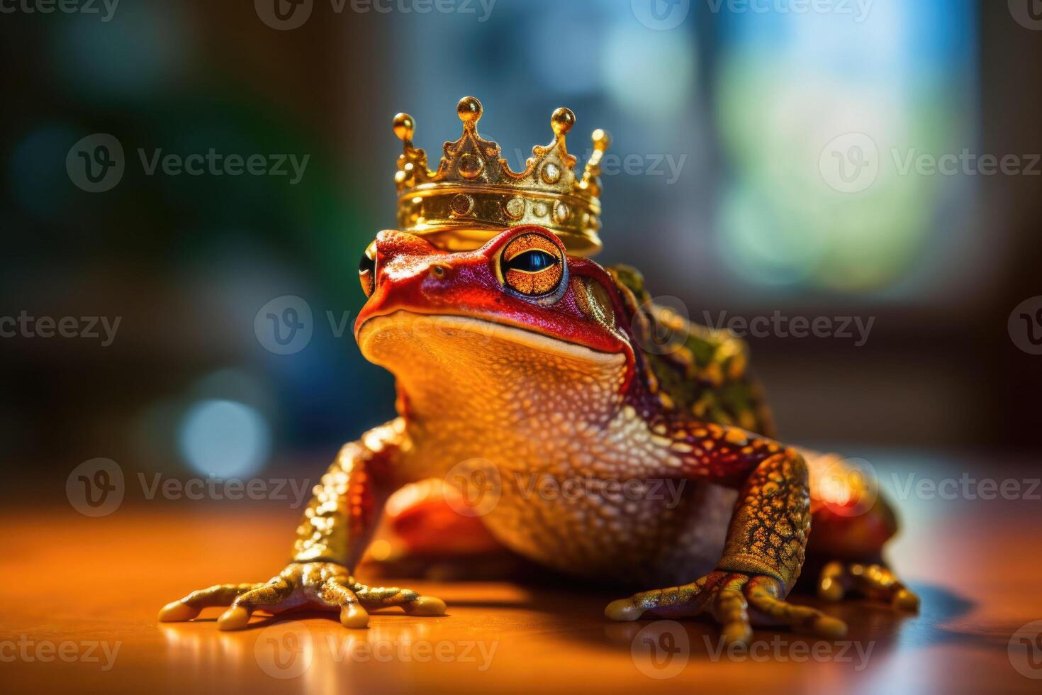 Frog with gold crown. The fairy tale concept of change and transformation. Generative AI photo