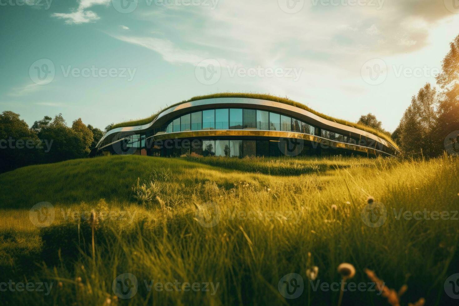 Modern architecture. Building with a grassy elements. An ecological village concept. Generative AI photo