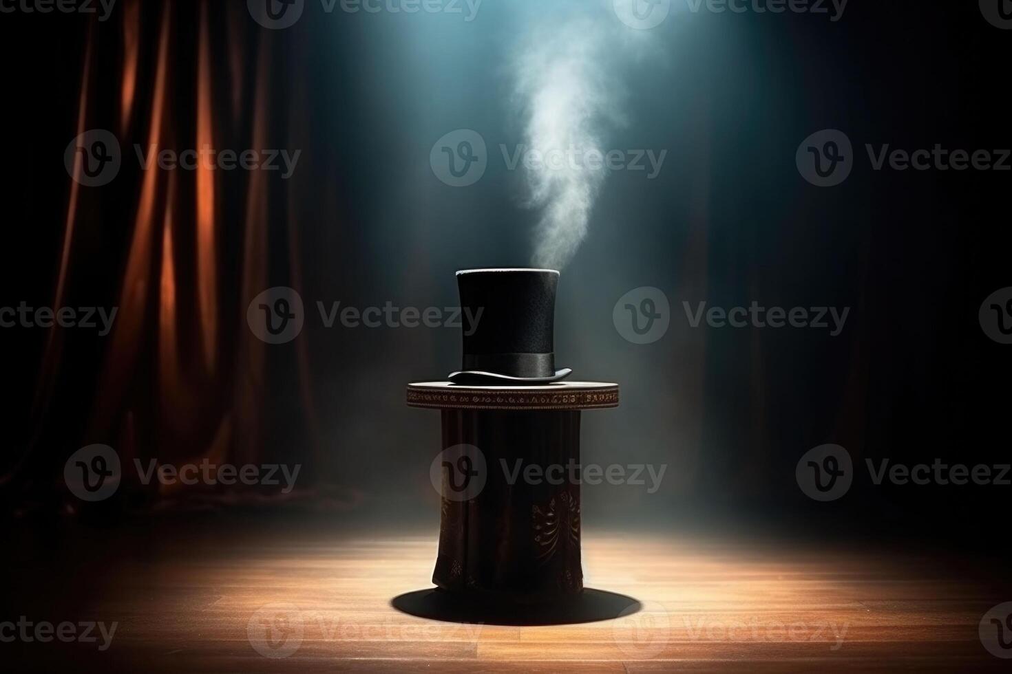 Magic show. Top hat on a table. Dark and mysterious atmosphere. Generative AI photo