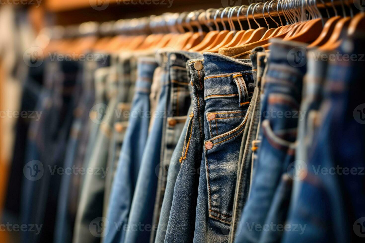 Row of denim jeans hanging in closet. Jeans store in a shopping center. Denim sales. Generative AI photo