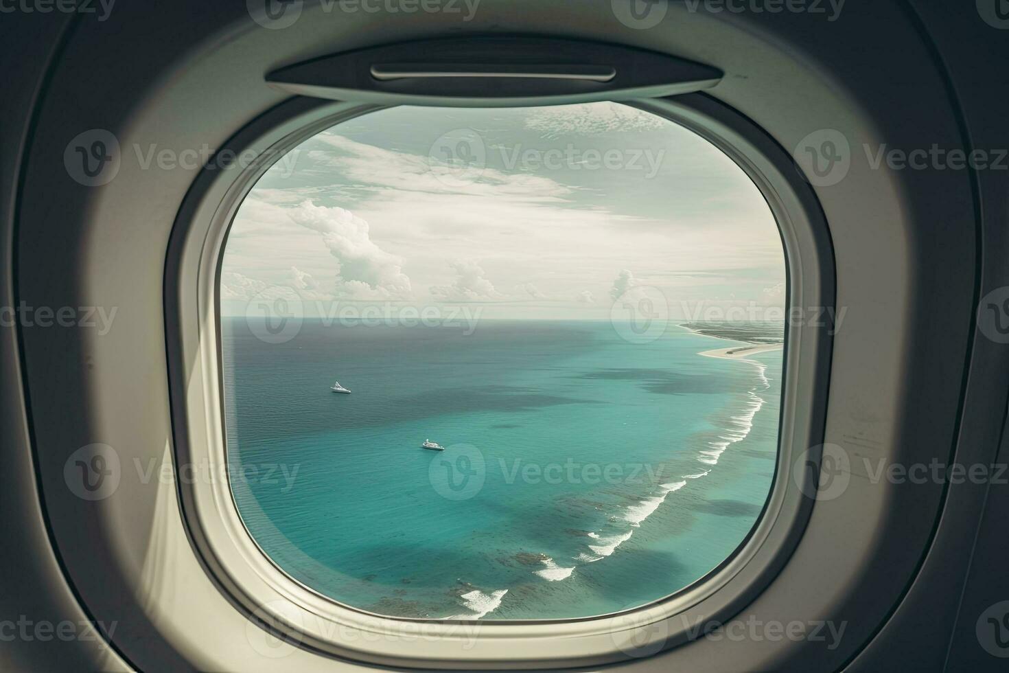 View of the beach and sea the airplane window. Travel and tourism concept. Generative AI photo