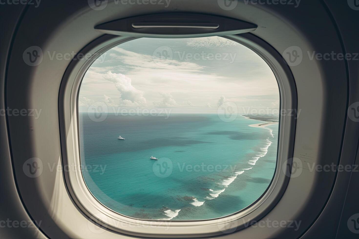 View of the beach and sea the airplane window. Travel and tourism concept. photo