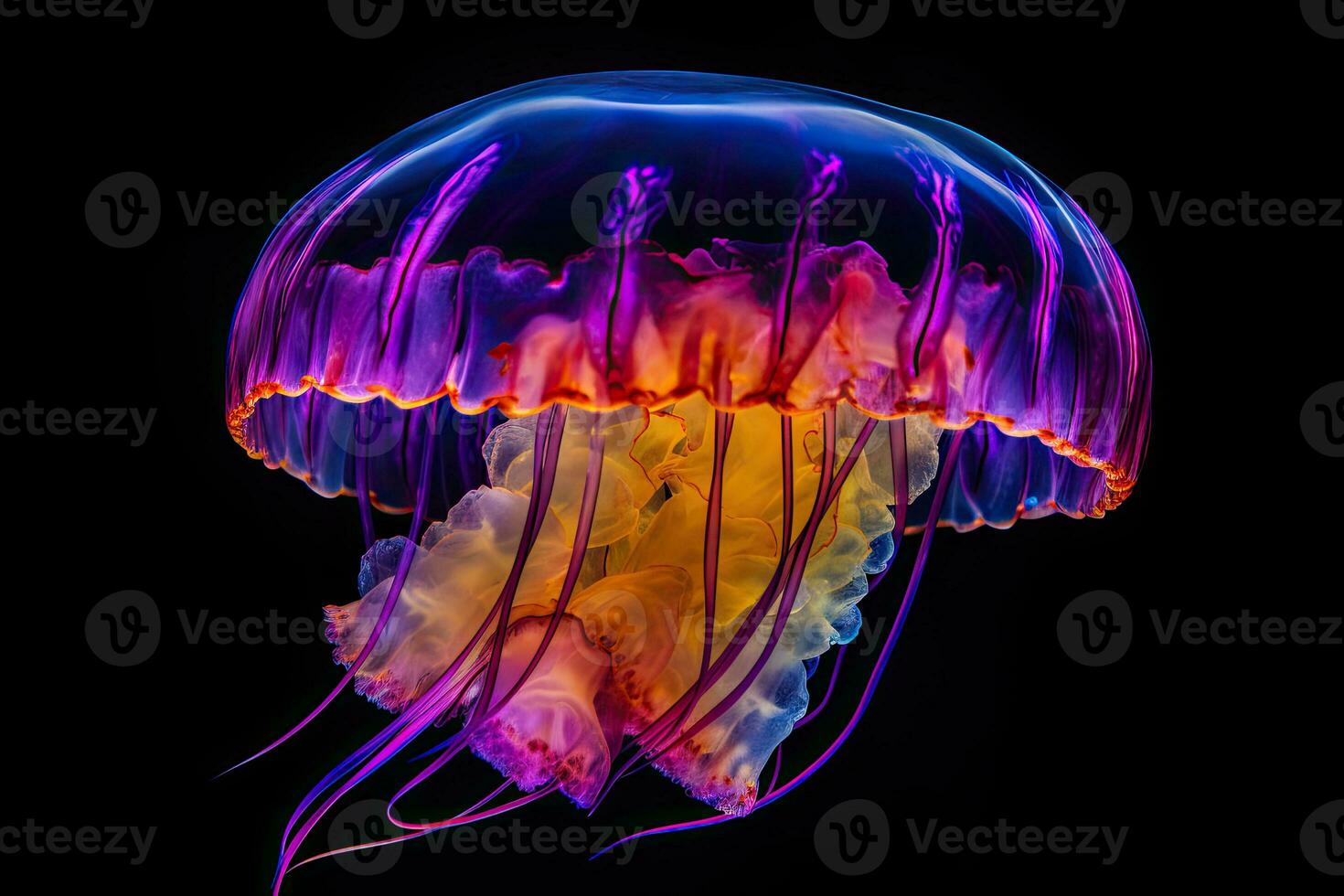 Jellyfishes swimming in the sea. Beautiful illuminated jellyfish. Generative AI photo