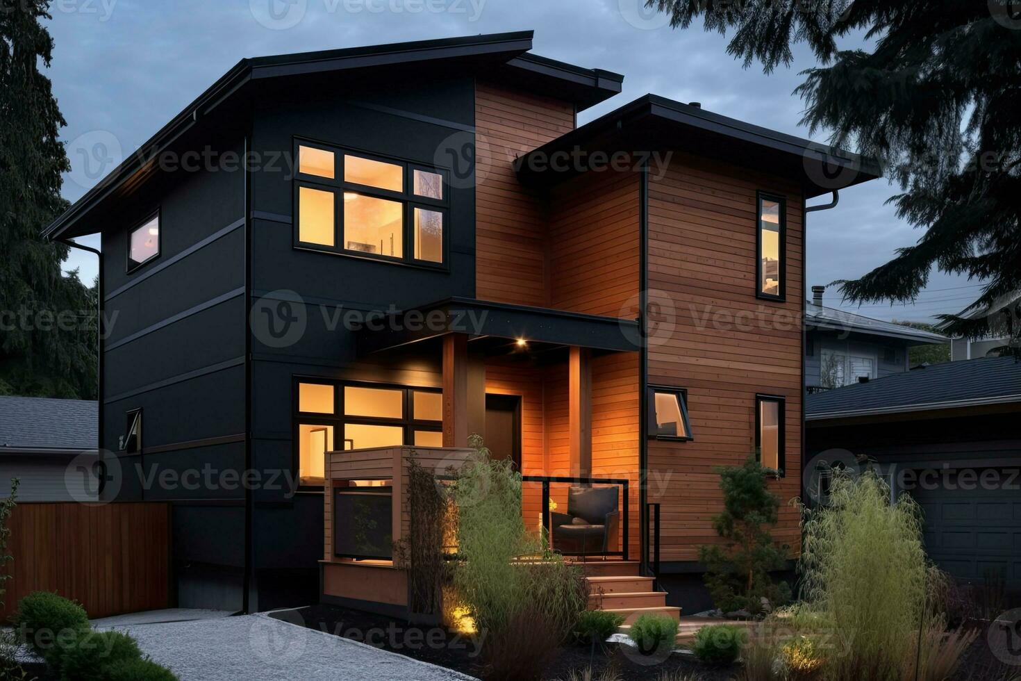 Exterior of a modern cozy house with large windows and lawn. Generative AI photo