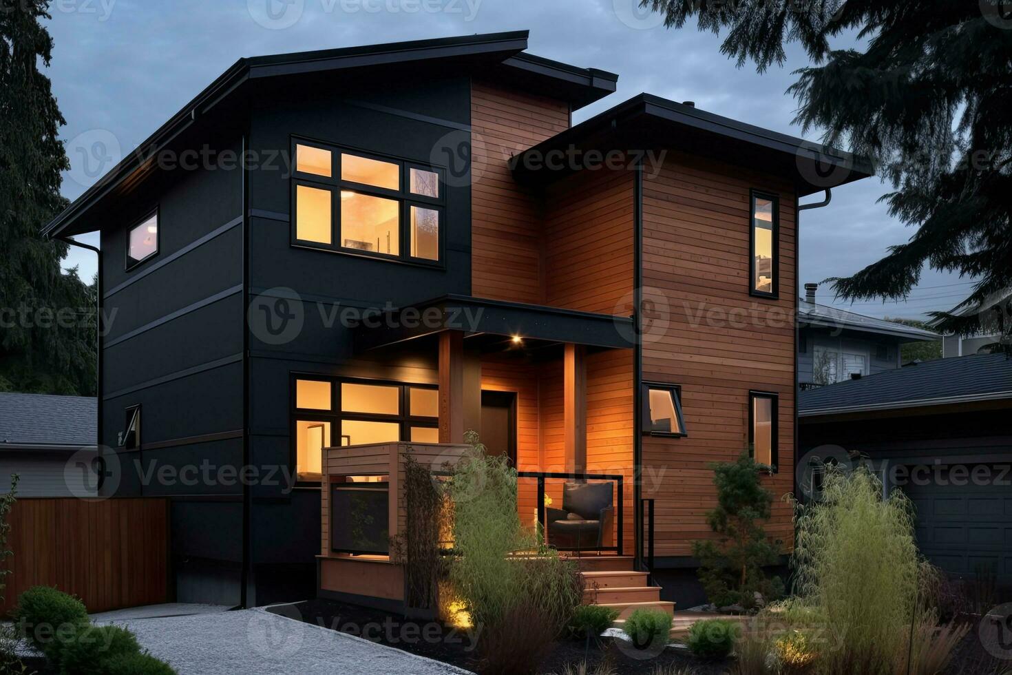 exterior de un moderno acogedor casa con grande ventanas y césped. generativo ai foto