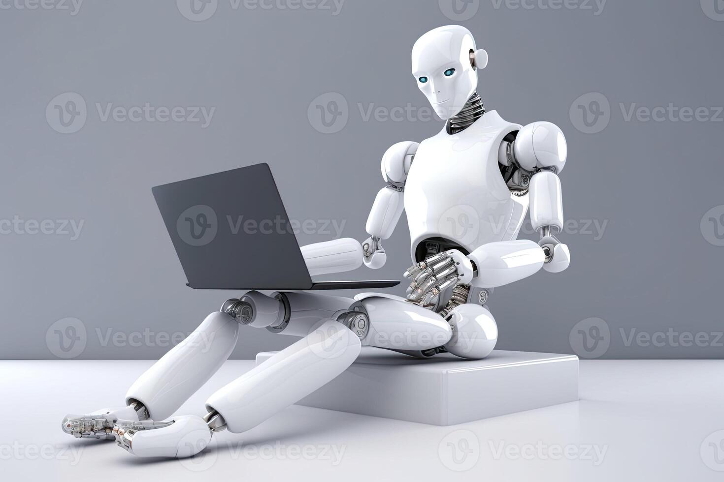 The robot works with a laptop in the office. illustration photo